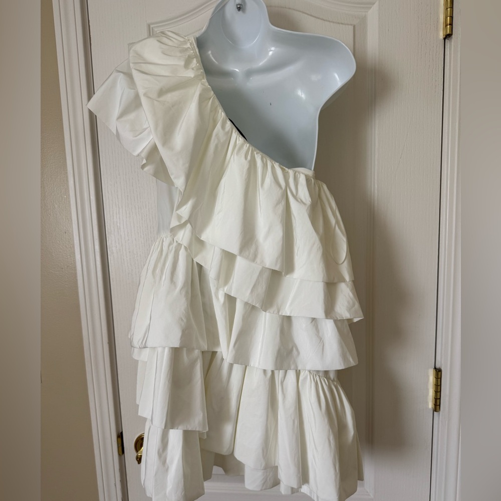 Small Luminary White One Shoulder Ruffled Mini Dress - Picture 7 of 7